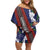 Samoan Culture Off Shoulder Short Dress Hibiscus and Ula Fala with Tapa Pattern Blue Color