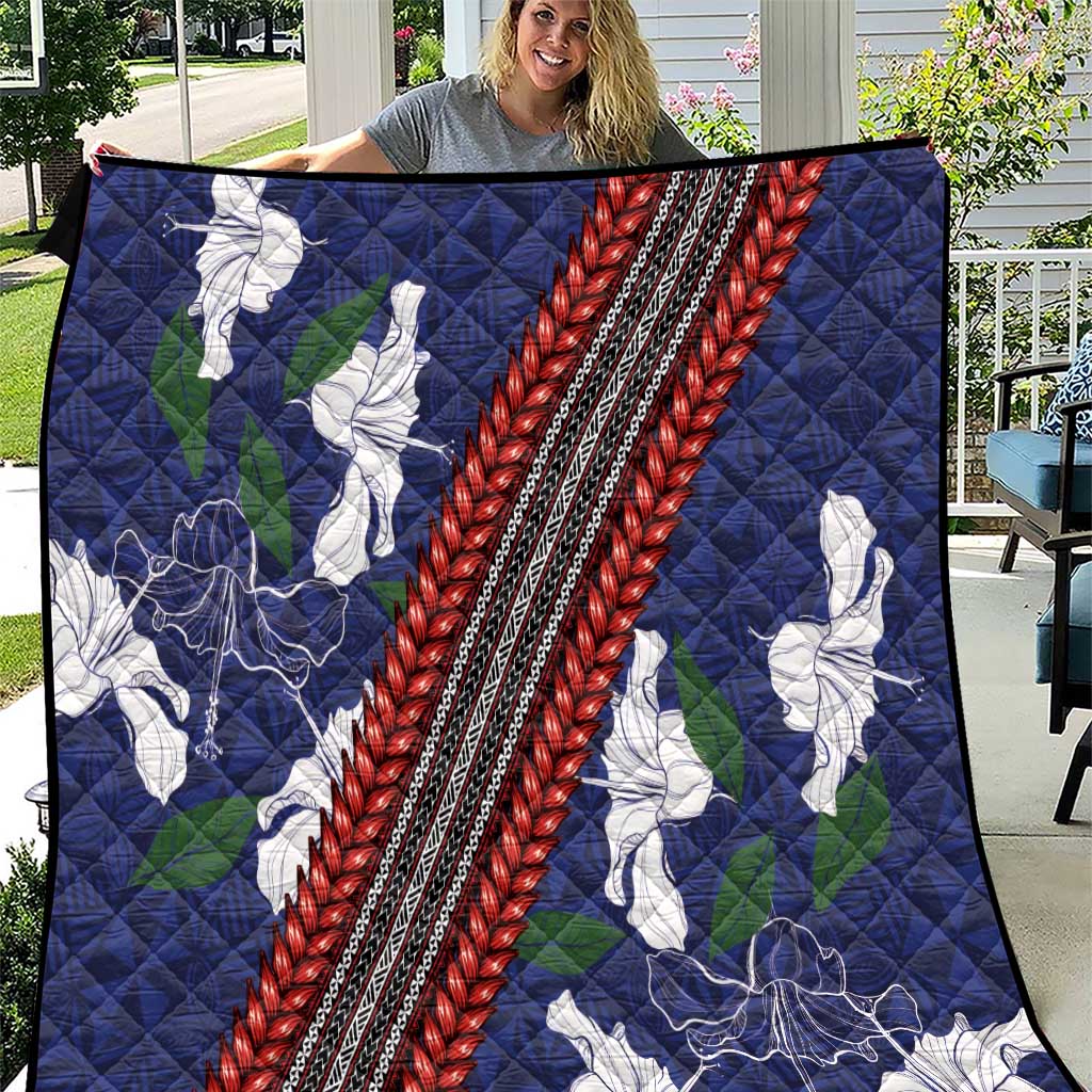 Samoan Culture Quilt Hibiscus and Ula Fala with Tapa Pattern Blue Color