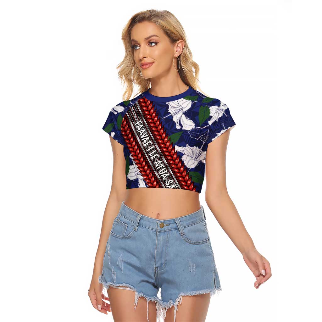 Samoan Culture Raglan Cropped T Shirt Hibiscus and Ula Fala with Tapa Pattern Blue Color