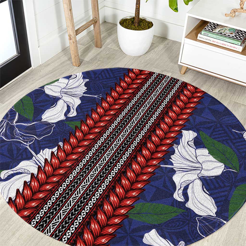 Samoan Culture Round Carpet Hibiscus and Ula Fala with Tapa Pattern Blue Color