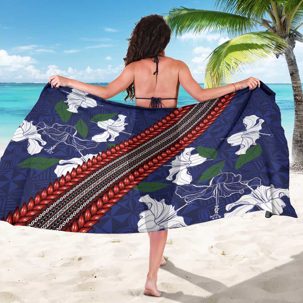 Samoan Culture Sarong Hibiscus and Ula Fala with Tapa Pattern Blue Color