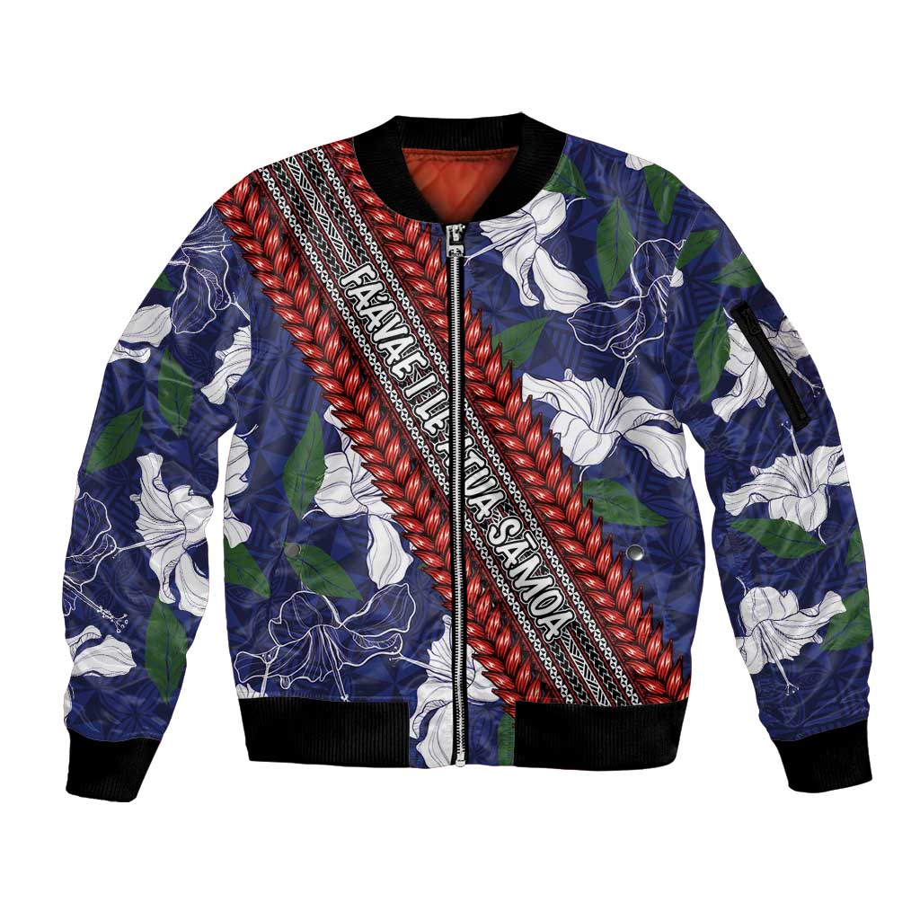 Samoan Culture Sleeve Zip Bomber Jacket Hibiscus and Ula Fala with Tapa Pattern Blue Color