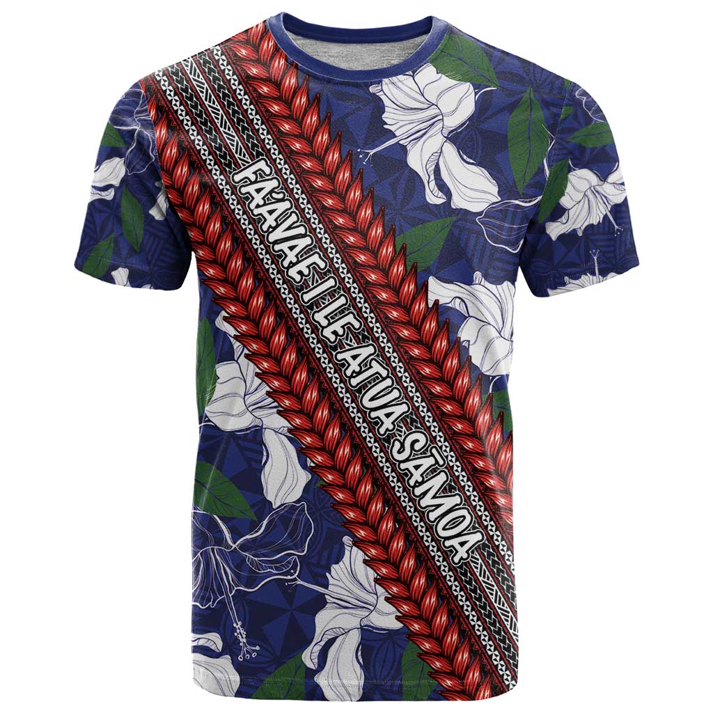 Samoan Culture T Shirt Hibiscus and Ula Fala with Tapa Pattern Blue Color