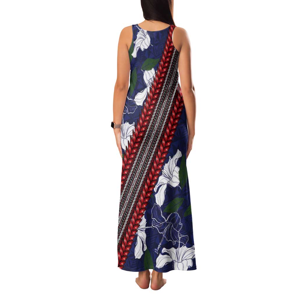 Samoan Culture Tank Maxi Dress Hibiscus and Ula Fala with Tapa Pattern Blue Color