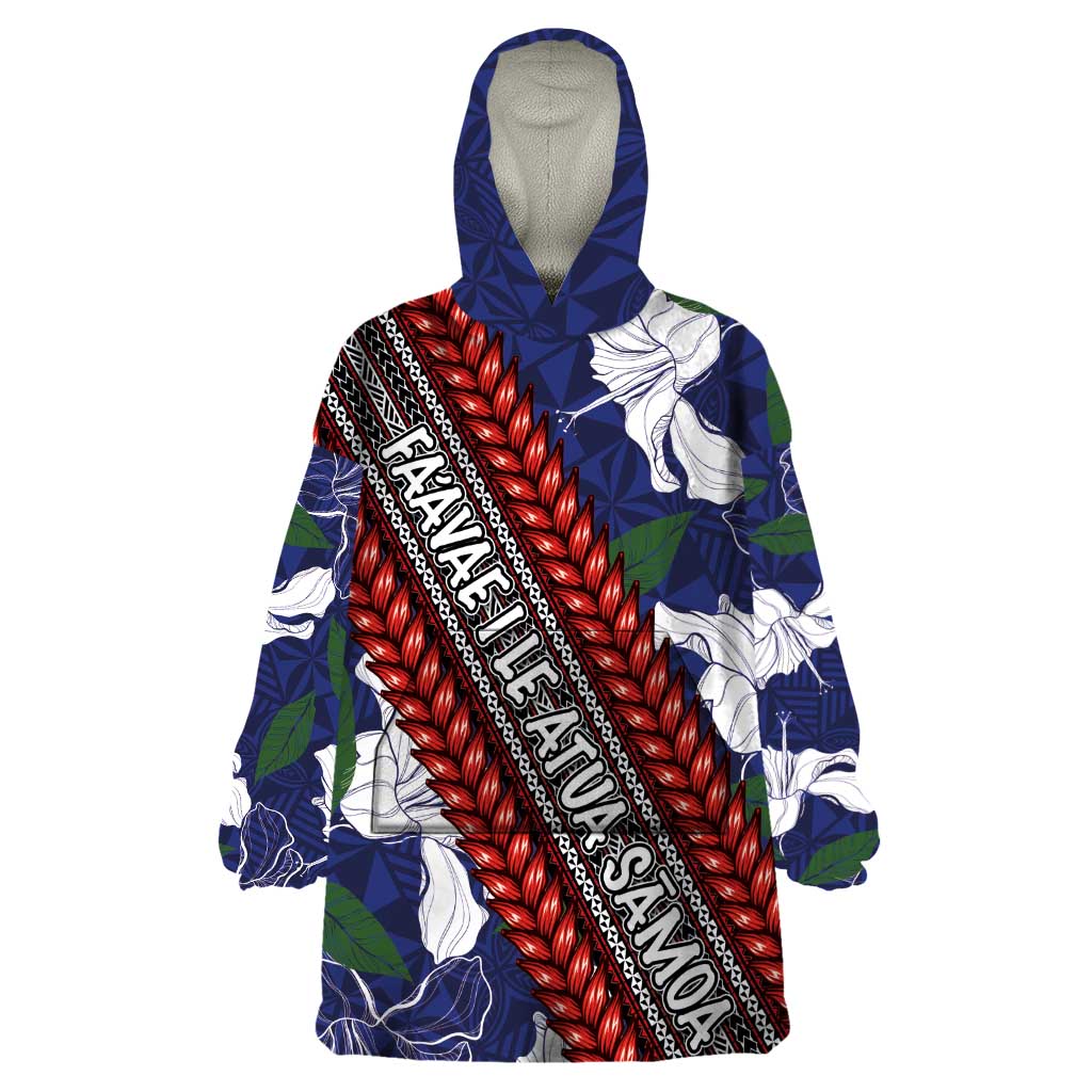 Samoan Culture Wearable Blanket Hoodie Hibiscus and Ula Fala with Tapa Pattern Blue Color