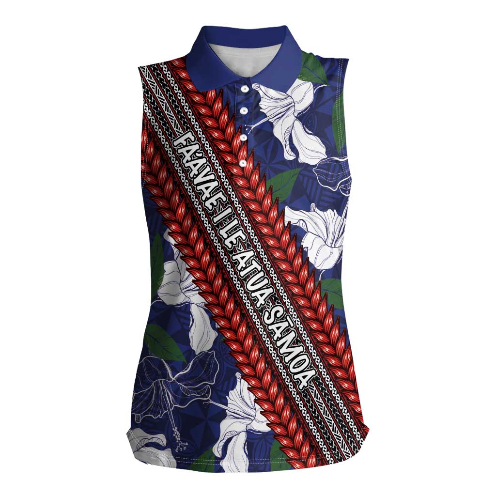 Samoan Culture Women Sleeveless Polo Shirt Hibiscus and Ula Fala with Tapa Pattern Blue Color