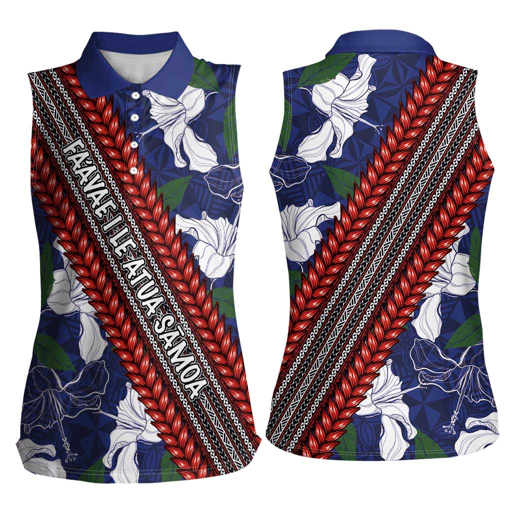 Samoan Culture Women Sleeveless Polo Shirt Hibiscus and Ula Fala with Tapa Pattern Blue Color