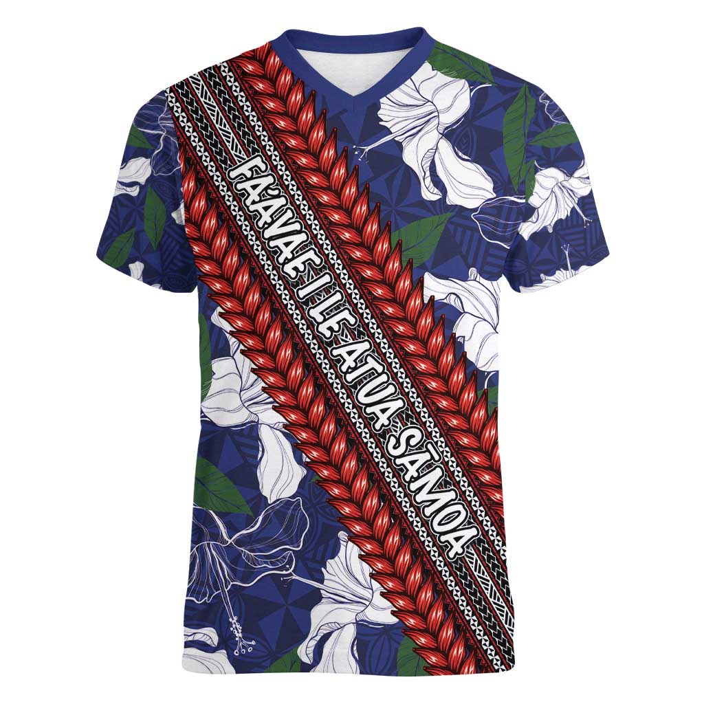 Samoan Culture Women V-Neck T-Shirt Hibiscus and Ula Fala with Tapa Pattern Blue Color