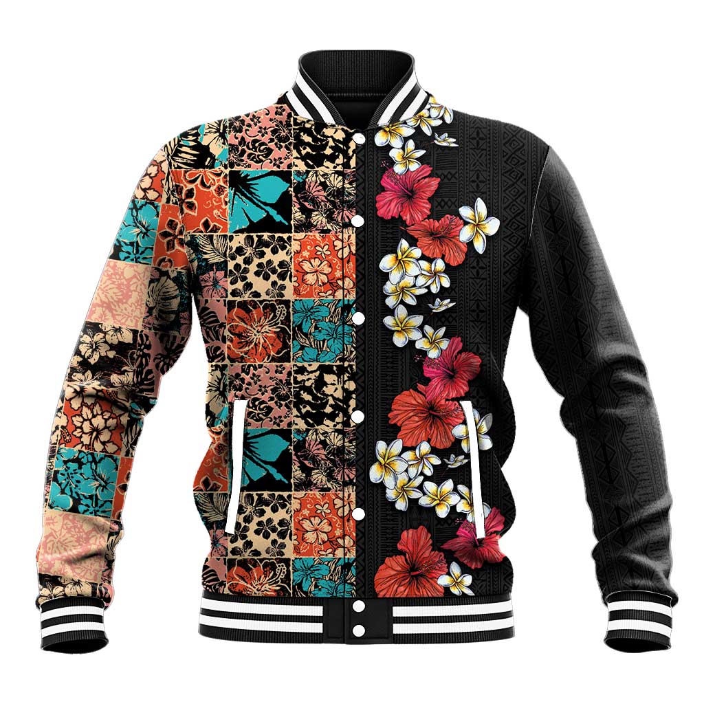 Hawaiian Hibiscus and Tropical Leaves Baseball Jacket Patchwork Grunge Abstract Vintage Style LT03 Unisex Black - Polynesian Pride