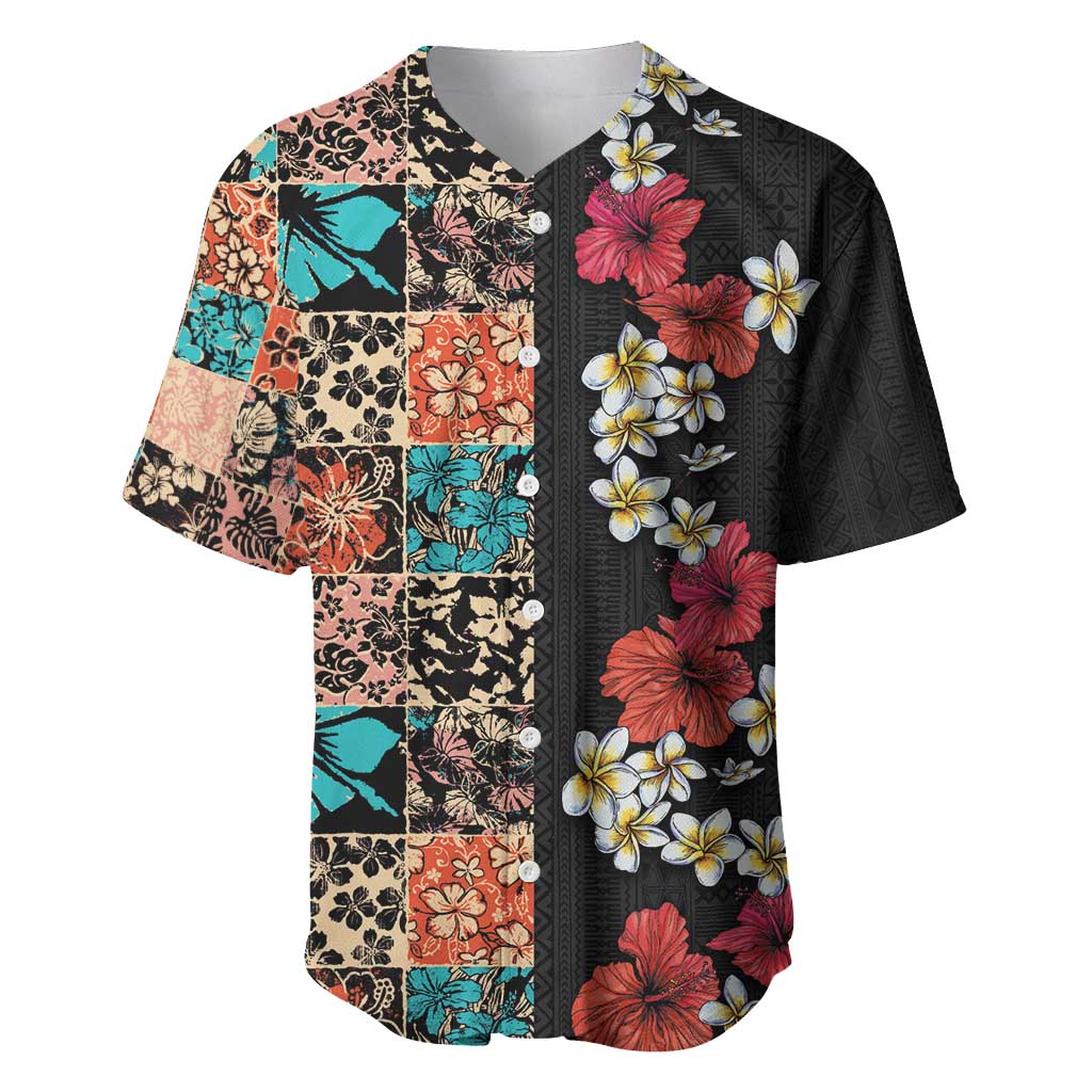 Hawaiian Hibiscus and Tropical Leaves Baseball Jersey Patchwork Grunge Abstract Vintage Style