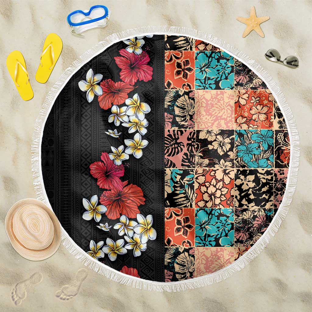 Hawaiian Hibiscus and Tropical Leaves Beach Blanket Patchwork Grunge Abstract Vintage Style LT03 One Size 150cm Black - Polynesian Pride