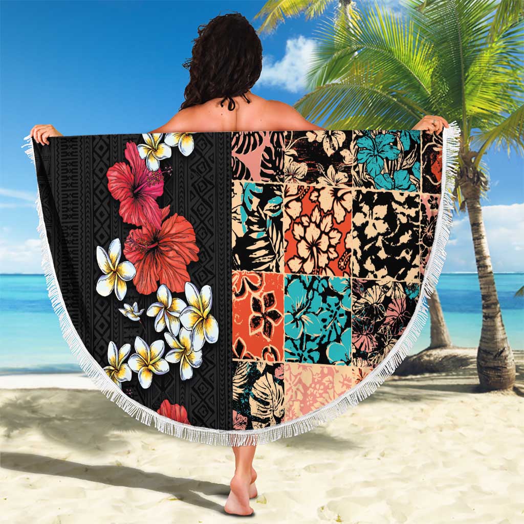 Hawaiian Hibiscus and Tropical Leaves Beach Blanket Patchwork Grunge Abstract Vintage Style LT03 - Polynesian Pride