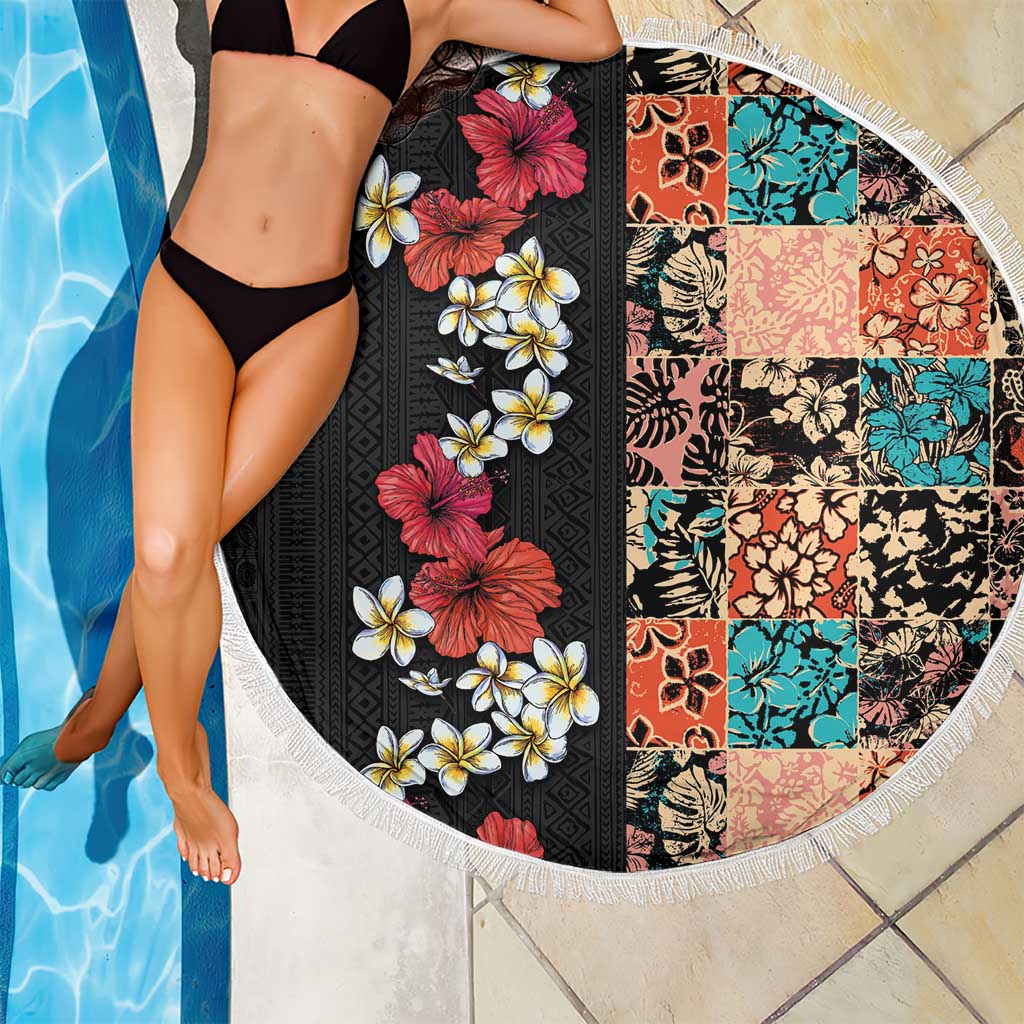 Hawaiian Hibiscus and Tropical Leaves Beach Blanket Patchwork Grunge Abstract Vintage Style LT03 - Polynesian Pride