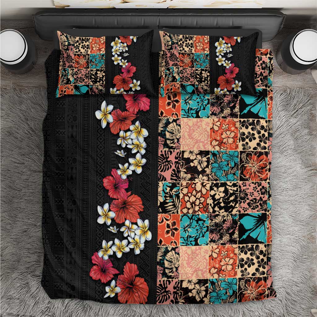 Hawaiian Hibiscus and Tropical Leaves Bedding Set Patchwork Grunge Abstract Vintage Style