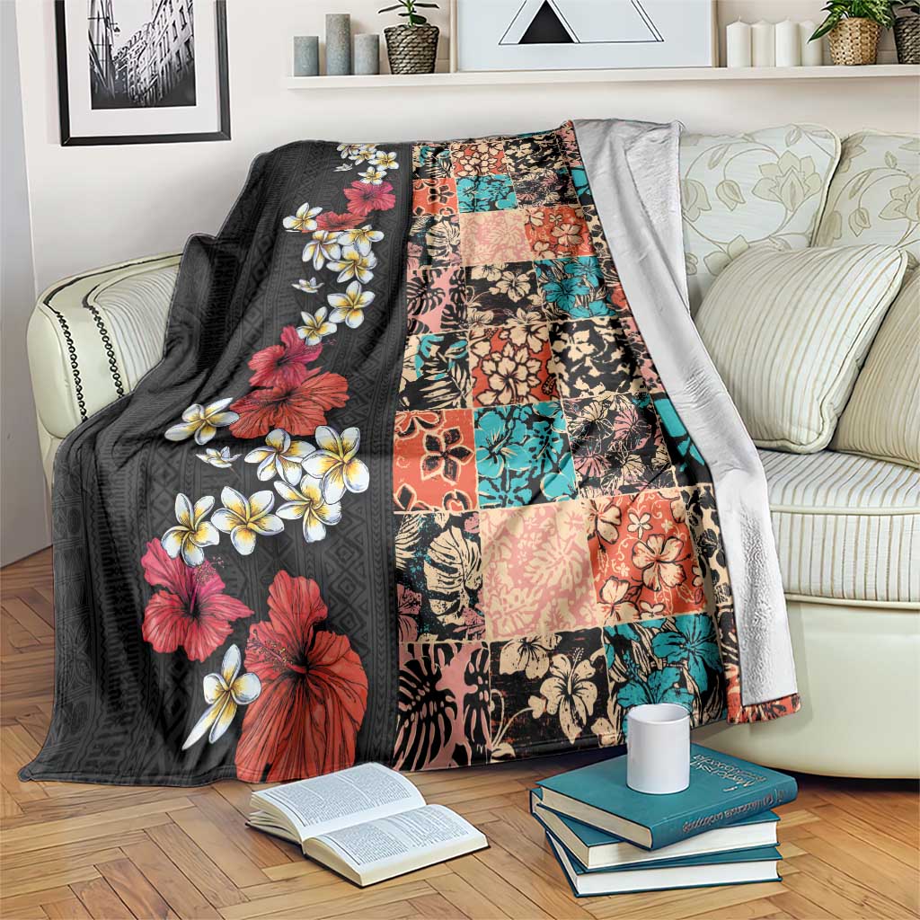 Hawaiian Hibiscus and Tropical Leaves Blanket Patchwork Grunge Abstract Vintage Style