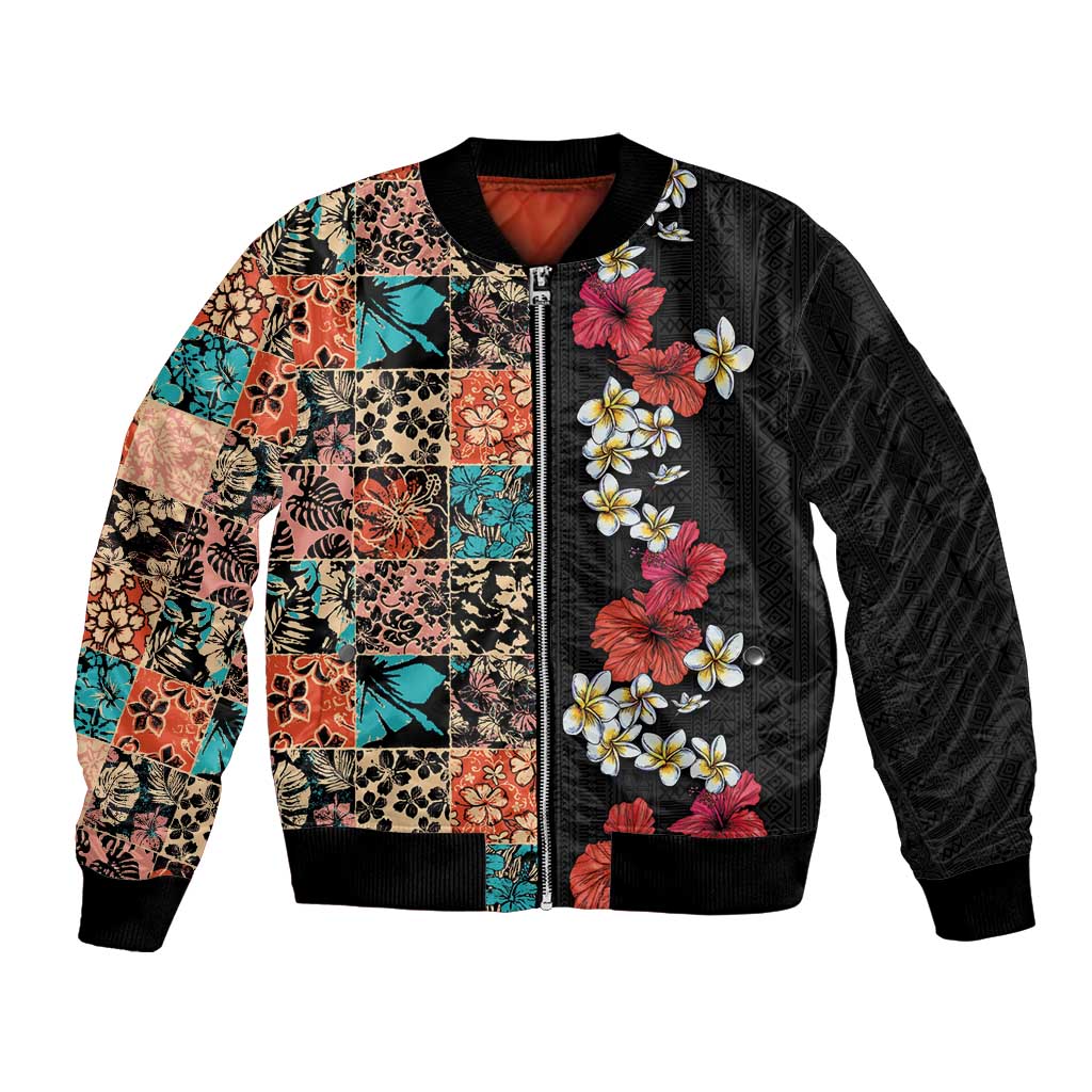 Hawaiian Hibiscus and Tropical Leaves Bomber Jacket Patchwork Grunge Abstract Vintage Style