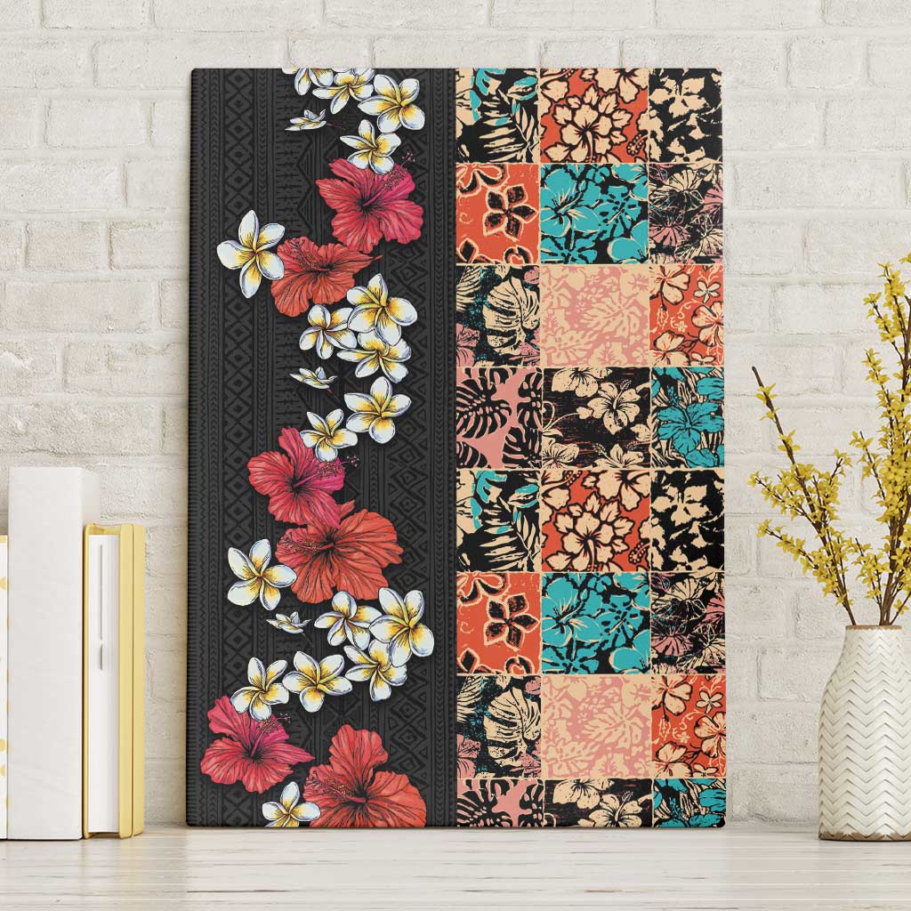 Hawaiian Hibiscus and Tropical Leaves Canvas Wall Art Patchwork Grunge Abstract Vintage Style