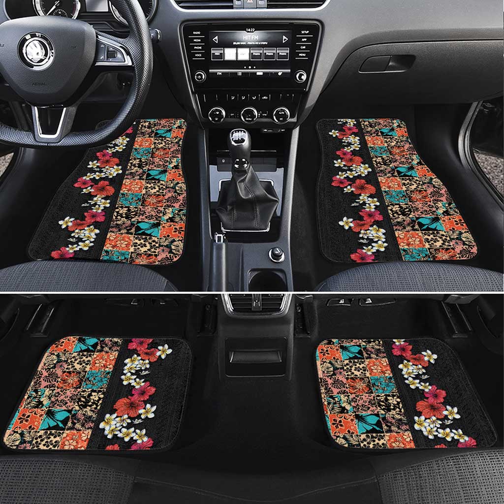 Hawaiian Hibiscus and Tropical Leaves Car Mats Patchwork Grunge Abstract Vintage Style