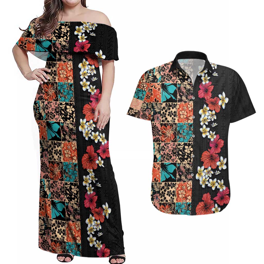 Hawaiian Hibiscus and Tropical Leaves Couples Matching Off Shoulder Maxi Dress and Hawaiian Shirt Patchwork Grunge Abstract Vintage Style