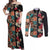 Hawaiian Hibiscus and Tropical Leaves Couples Matching Off Shoulder Maxi Dress and Long Sleeve Button Shirt Patchwork Grunge Abstract Vintage Style