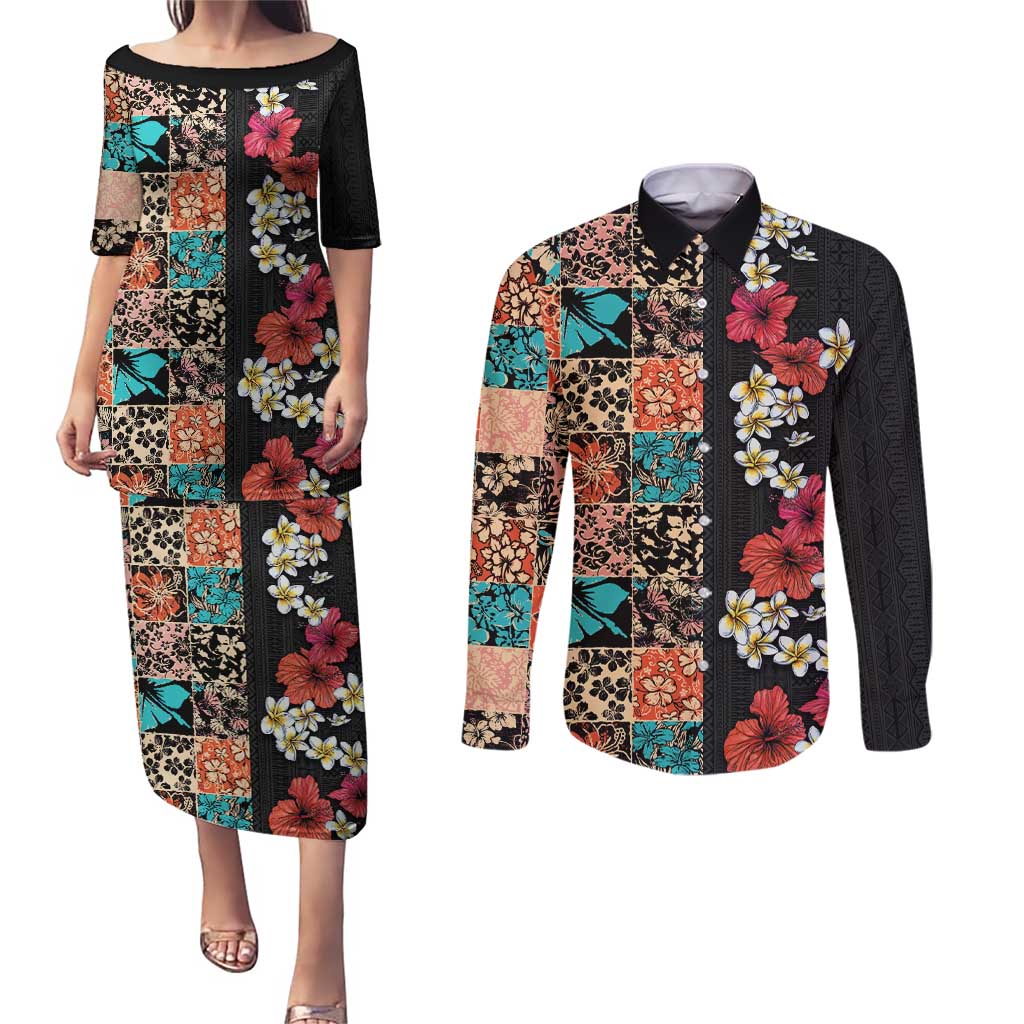 Hawaiian Hibiscus and Tropical Leaves Couples Matching Puletasi and Long Sleeve Button Shirt Patchwork Grunge Abstract Vintage Style LT03 Black - Polynesian Pride