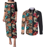 Hawaiian Hibiscus and Tropical Leaves Couples Matching Puletasi and Long Sleeve Button Shirt Patchwork Grunge Abstract Vintage Style LT03 Black - Polynesian Pride