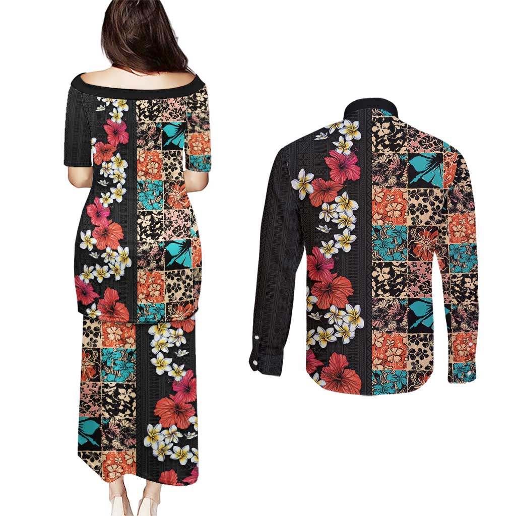 Hawaiian Hibiscus and Tropical Leaves Couples Matching Puletasi and Long Sleeve Button Shirt Patchwork Grunge Abstract Vintage Style LT03 - Polynesian Pride
