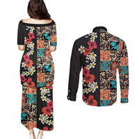 Hawaiian Hibiscus and Tropical Leaves Couples Matching Puletasi and Long Sleeve Button Shirt Patchwork Grunge Abstract Vintage Style LT03 - Polynesian Pride
