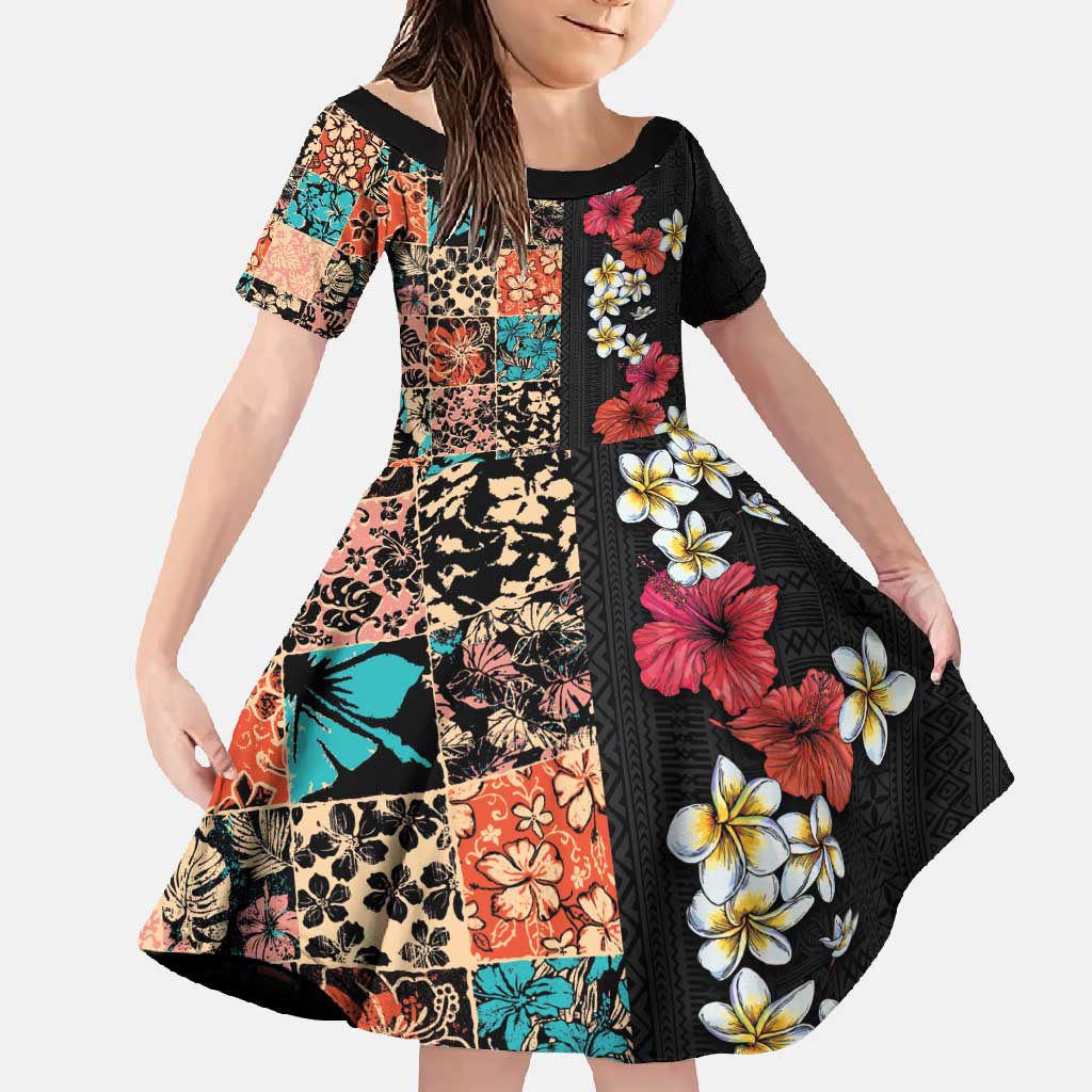Hawaiian Hibiscus and Tropical Leaves Family Matching Long Sleeve Bodycon Dress and Hawaiian Shirt Patchwork Grunge Abstract Vintage Style LT03 Daughter's Dress Black - Polynesian Pride