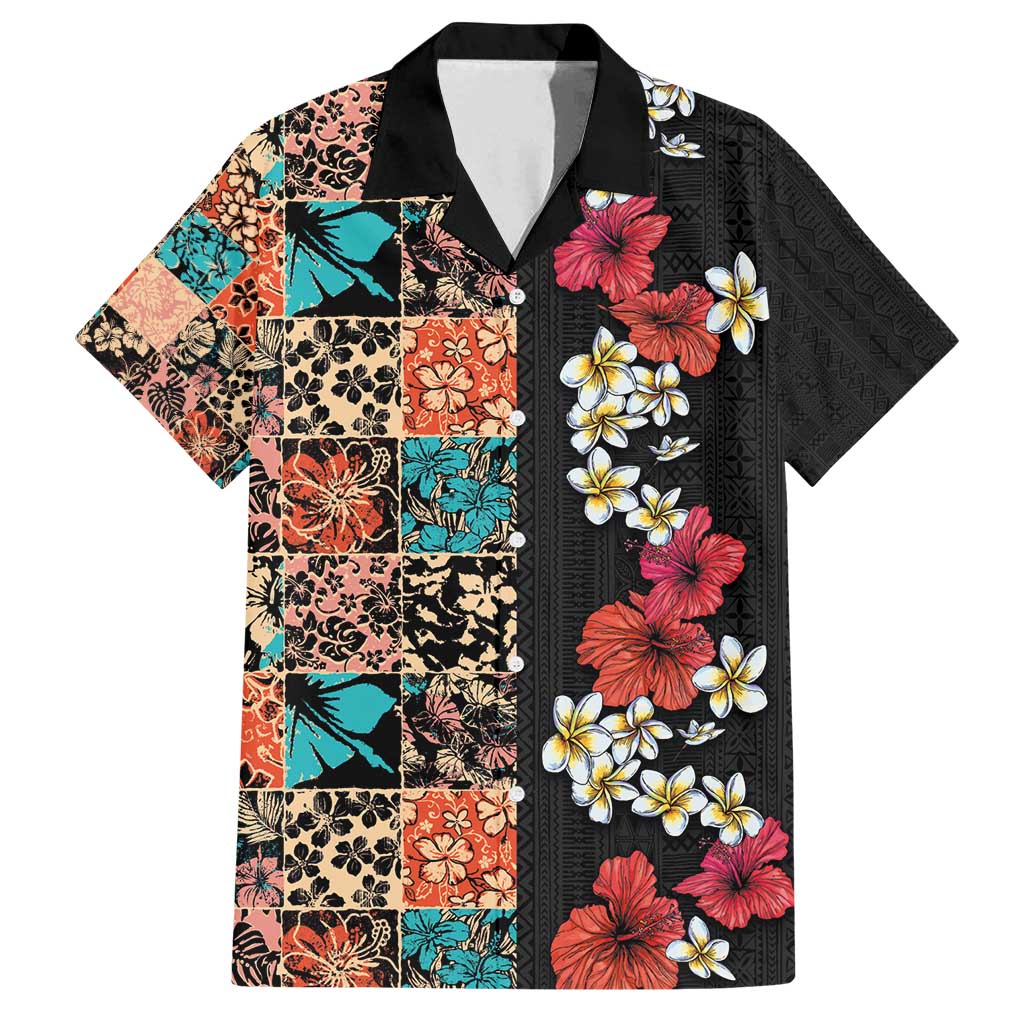 Hawaiian Hibiscus and Tropical Leaves Family Matching Long Sleeve Bodycon Dress and Hawaiian Shirt Patchwork Grunge Abstract Vintage Style LT03 Dad's Shirt - Short Sleeve Black - Polynesian Pride