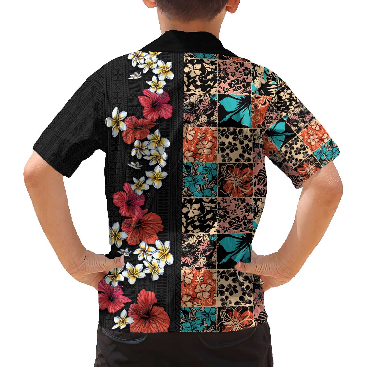 Hawaiian Hibiscus and Tropical Leaves Family Matching Off The Shoulder Long Sleeve Dress and Hawaiian Shirt Patchwork Grunge Abstract Vintage Style