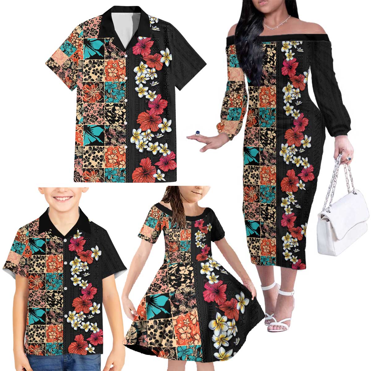 Hawaiian Hibiscus and Tropical Leaves Family Matching Off The Shoulder Long Sleeve Dress and Hawaiian Shirt Patchwork Grunge Abstract Vintage Style