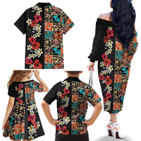 Hawaiian Hibiscus and Tropical Leaves Family Matching Off The Shoulder Long Sleeve Dress and Hawaiian Shirt Patchwork Grunge Abstract Vintage Style