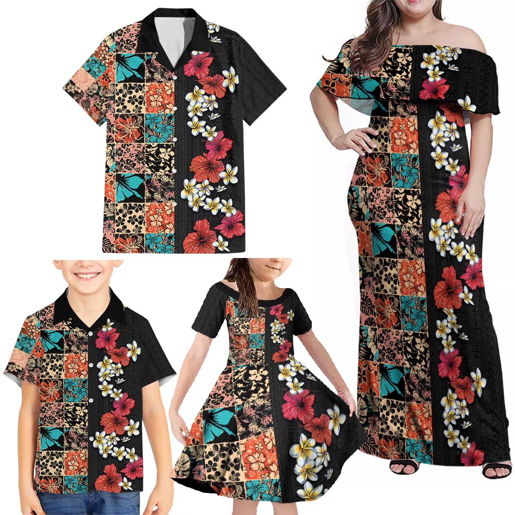 Hawaiian Hibiscus and Tropical Leaves Family Matching Off Shoulder Maxi Dress and Hawaiian Shirt Patchwork Grunge Abstract Vintage Style