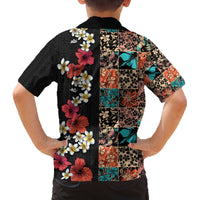 Hawaiian Hibiscus and Tropical Leaves Family Matching Off Shoulder Short Dress and Hawaiian Shirt Patchwork Grunge Abstract Vintage Style