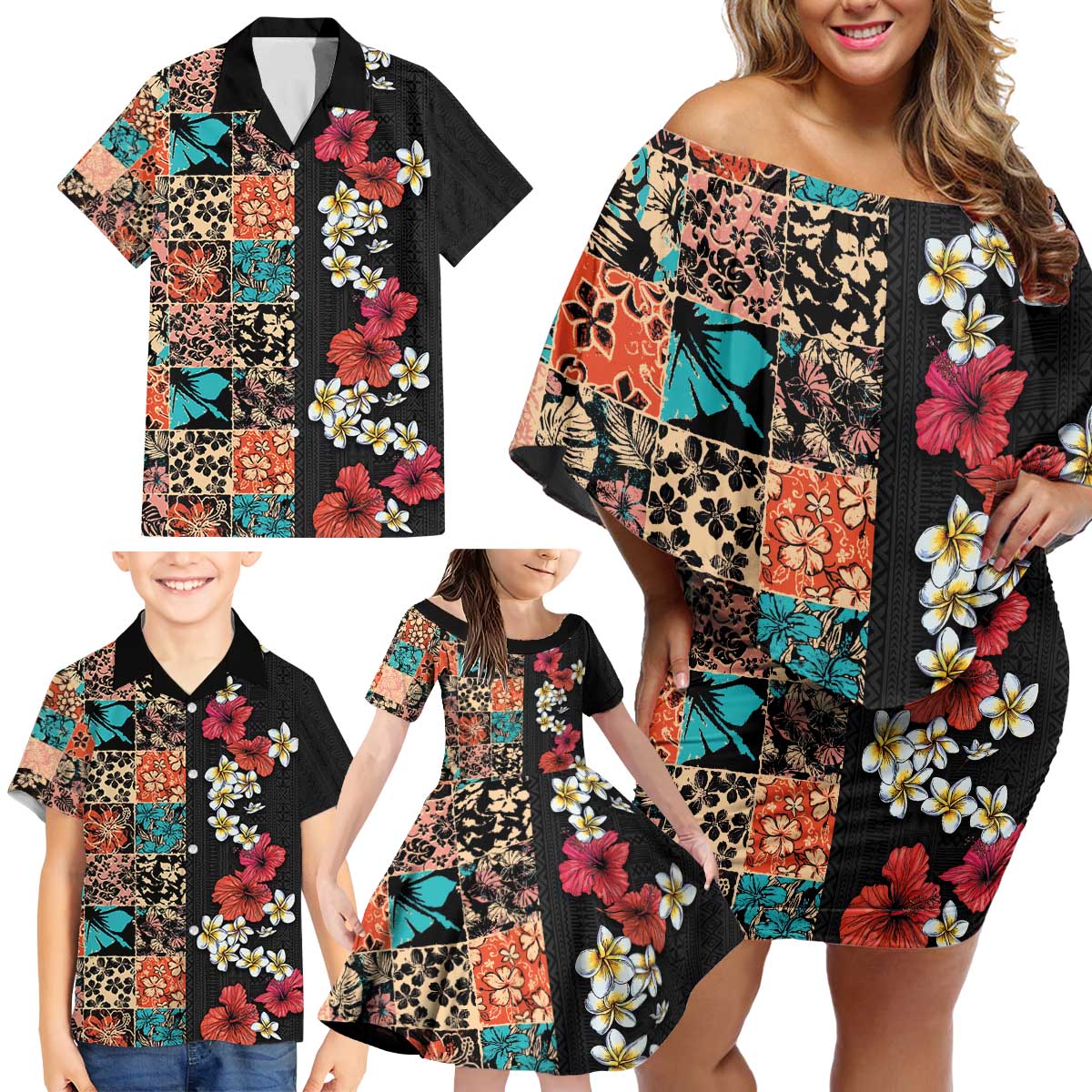 Hawaiian Hibiscus and Tropical Leaves Family Matching Off Shoulder Short Dress and Hawaiian Shirt Patchwork Grunge Abstract Vintage Style