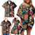 Hawaiian Hibiscus and Tropical Leaves Family Matching Off Shoulder Short Dress and Hawaiian Shirt Patchwork Grunge Abstract Vintage Style