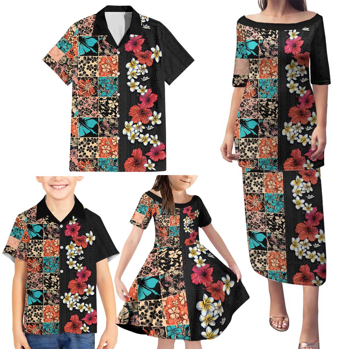 Hawaiian Hibiscus and Tropical Leaves Family Matching Puletasi and Hawaiian Shirt Patchwork Grunge Abstract Vintage Style