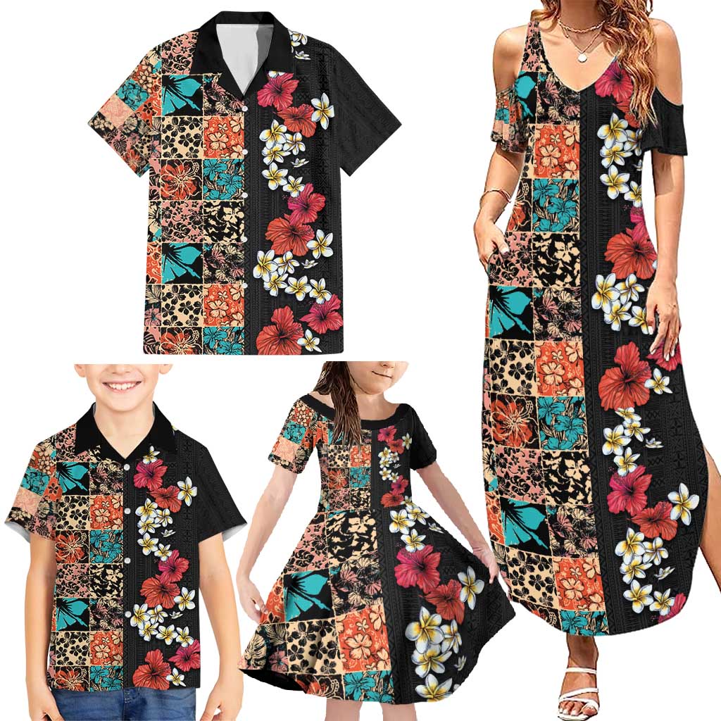 Hawaiian Hibiscus and Tropical Leaves Family Matching Summer Maxi Dress and Hawaiian Shirt Patchwork Grunge Abstract Vintage Style