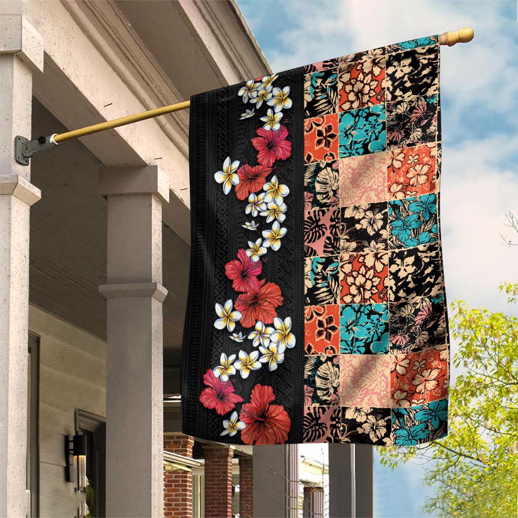 Hawaiian Hibiscus and Tropical Leaves Garden Flag Patchwork Grunge Abstract Vintage Style LT03 House Flag Black - Polynesian Pride