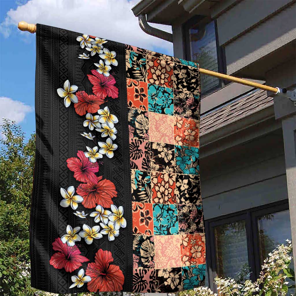 Hawaiian Hibiscus and Tropical Leaves Garden Flag Patchwork Grunge Abstract Vintage Style LT03 - Polynesian Pride