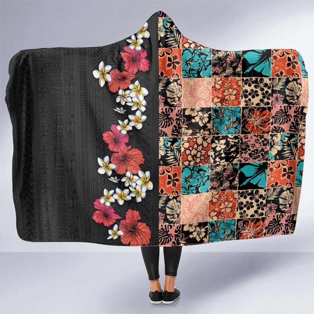 Hawaiian Hibiscus and Tropical Leaves Hooded Blanket Patchwork Grunge Abstract Vintage Style LT03 One Size Black - Polynesian Pride