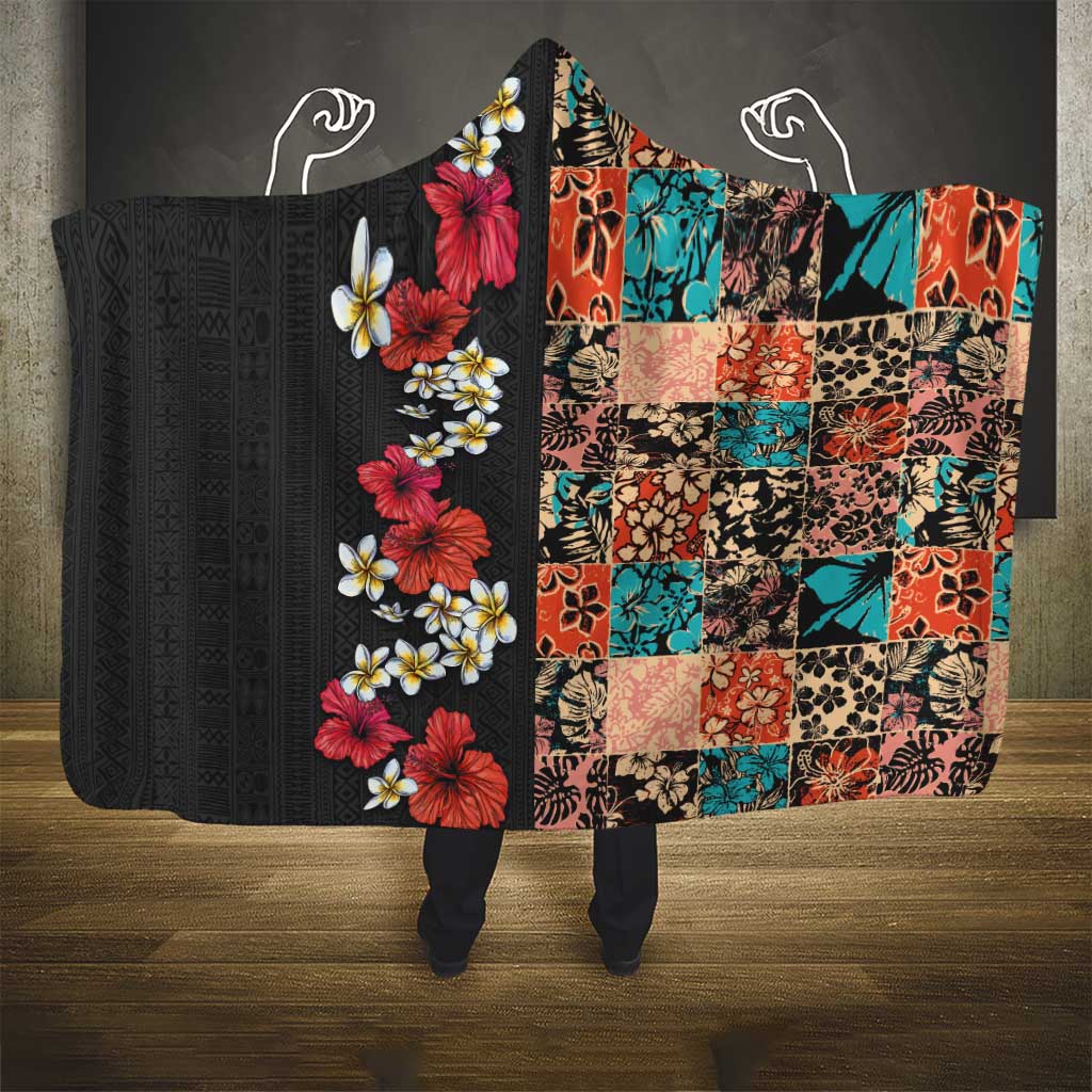 Hawaiian Hibiscus and Tropical Leaves Hooded Blanket Patchwork Grunge Abstract Vintage Style LT03 - Polynesian Pride