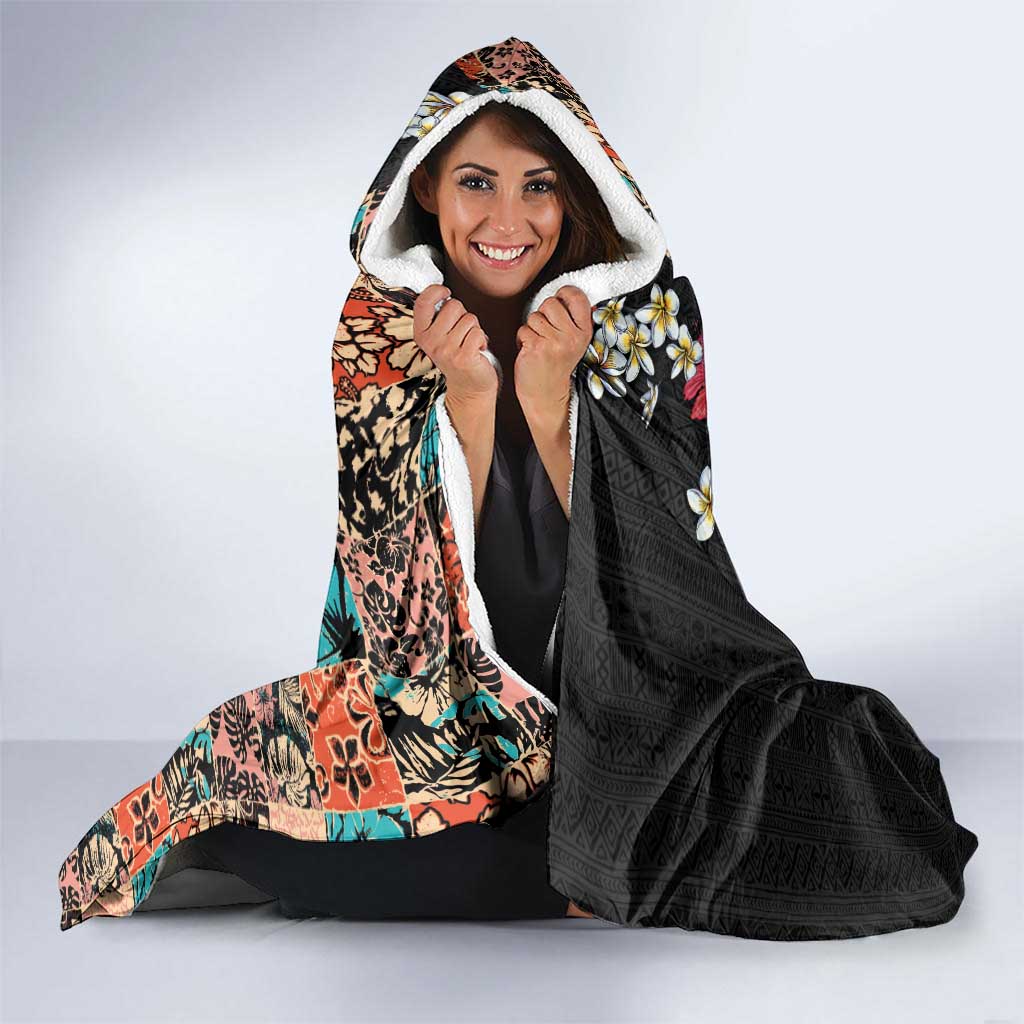 Hawaiian Hibiscus and Tropical Leaves Hooded Blanket Patchwork Grunge Abstract Vintage Style LT03 - Polynesian Pride