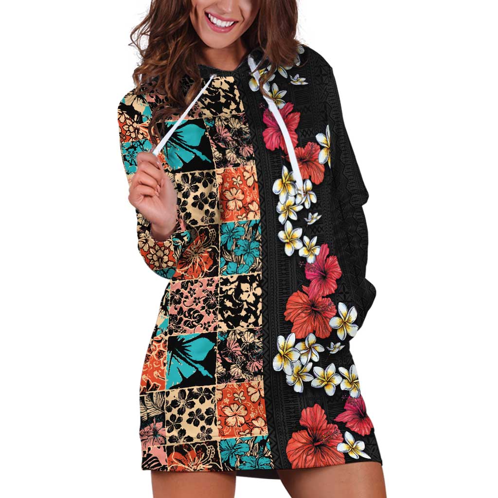 Hawaiian Hibiscus and Tropical Leaves Hoodie Dress Patchwork Grunge Abstract Vintage Style LT03 Black - Polynesian Pride