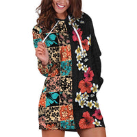 Hawaiian Hibiscus and Tropical Leaves Hoodie Dress Patchwork Grunge Abstract Vintage Style LT03 Black - Polynesian Pride