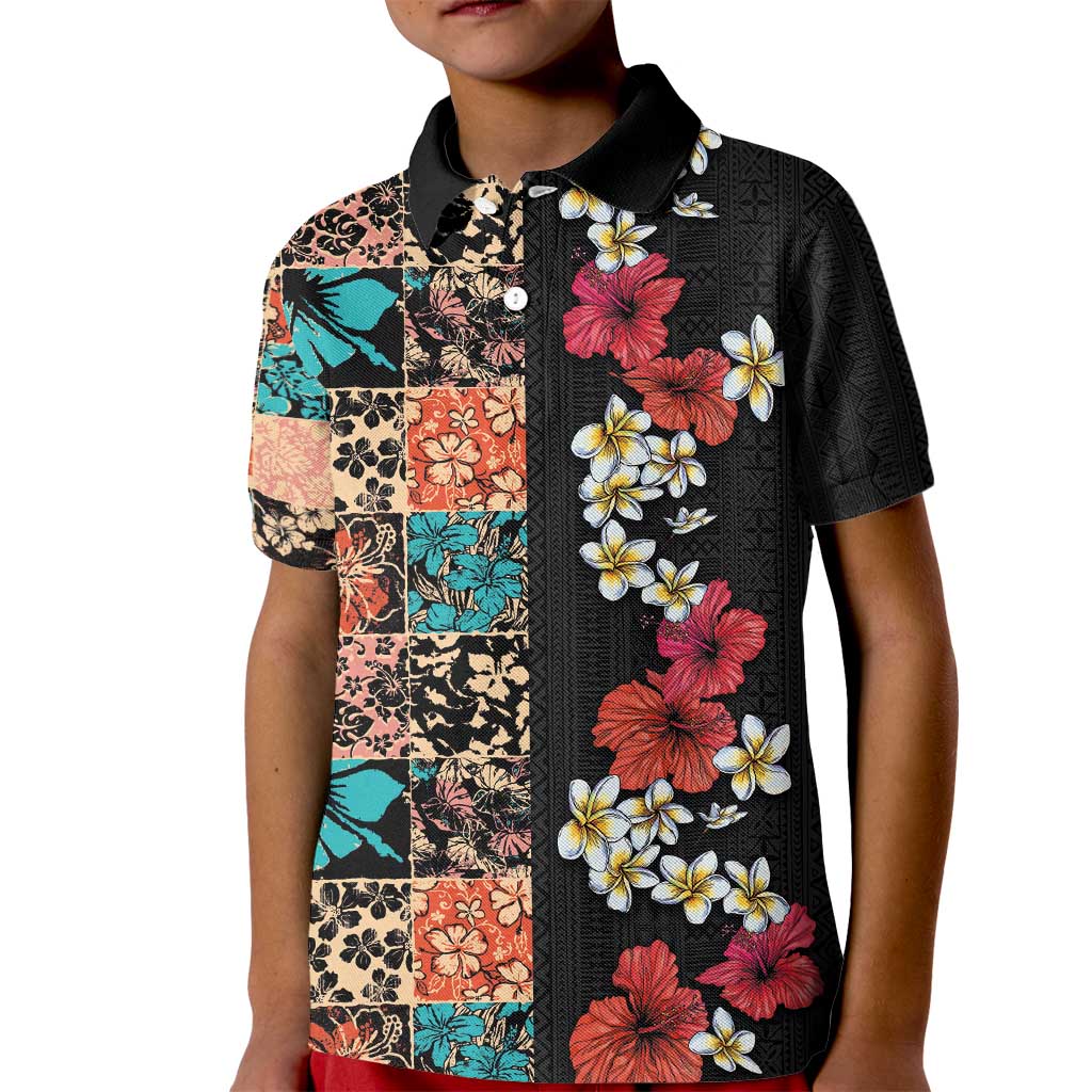 Hawaiian Hibiscus and Tropical Leaves Kid Polo Shirt Patchwork Grunge Abstract Vintage Style