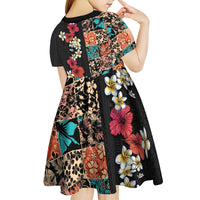 Hawaiian Hibiscus and Tropical Leaves Kid Short Sleeve Dress Patchwork Grunge Abstract Vintage Style
