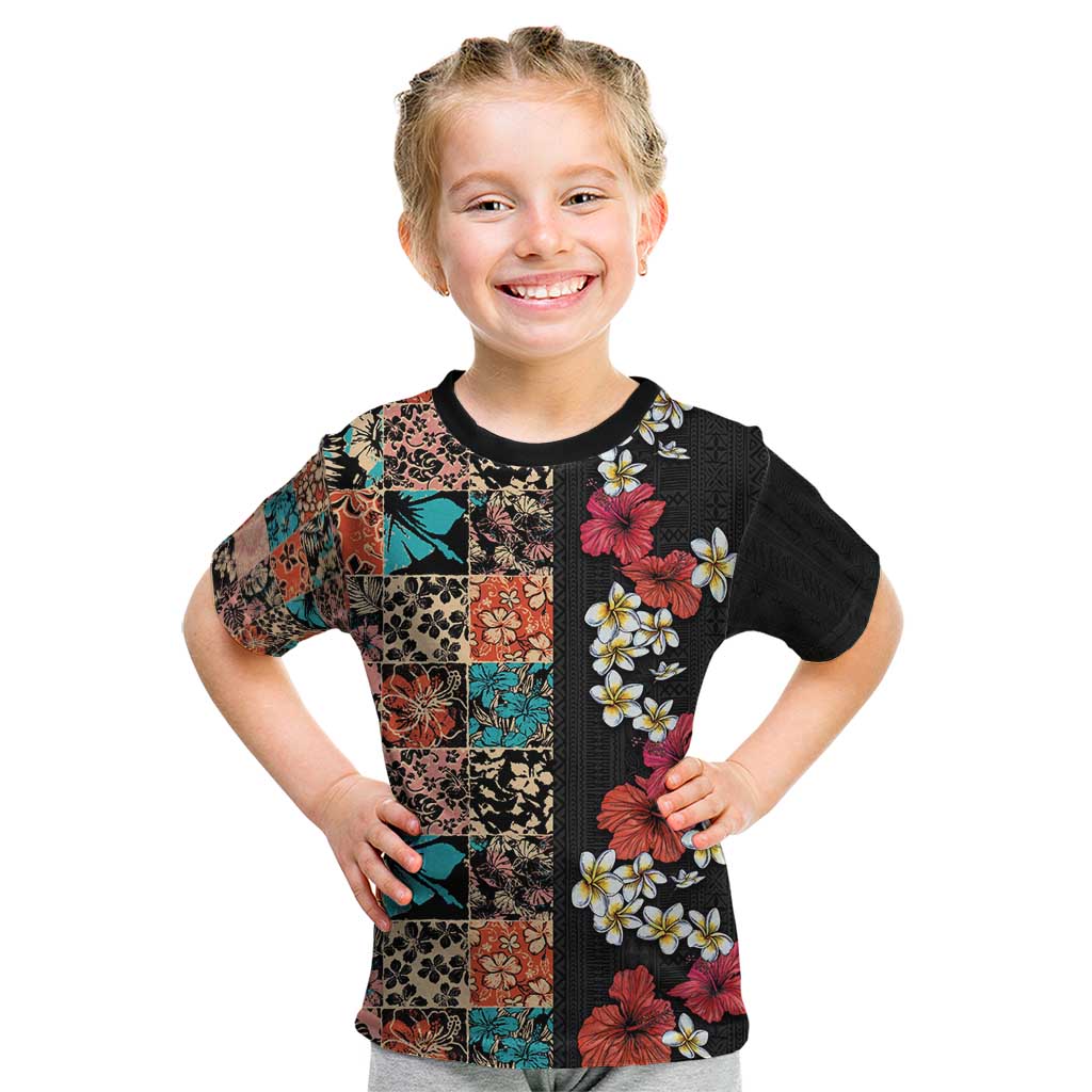 Hawaiian Hibiscus and Tropical Leaves Kid T Shirt Patchwork Grunge Abstract Vintage Style