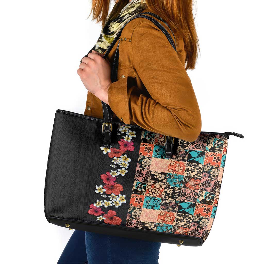 Hawaiian Hibiscus and Tropical Leaves Leather Tote Bag Patchwork Grunge Abstract Vintage Style LT03 Black - Polynesian Pride